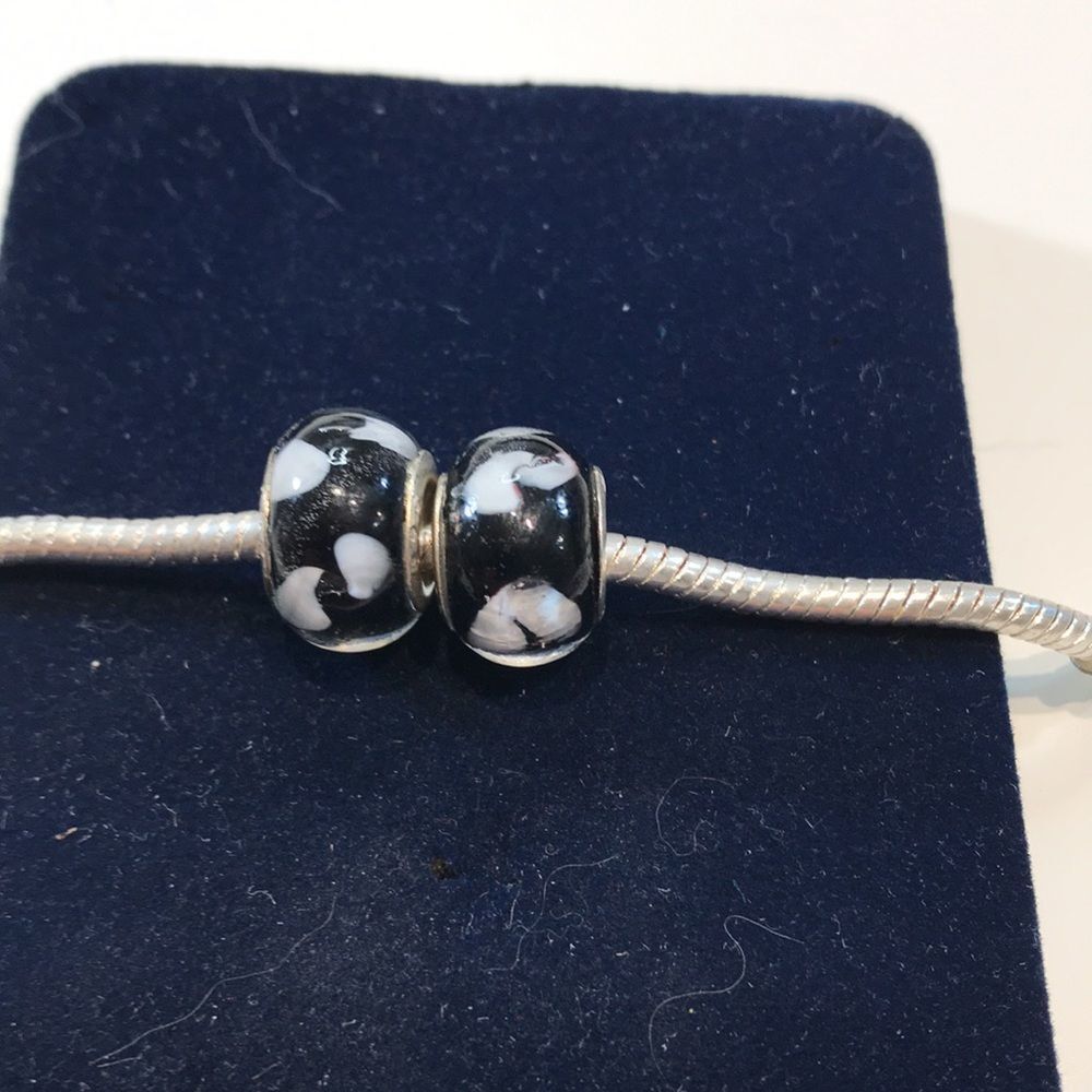 925 stamped Murano style Black and White Glass Charms set of 2
